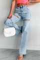SHIP BY 5/8 - Blowing Your Mind Slit-Front Wide Leg Rhinestone Jeans (Light Wash) - NanaMacs