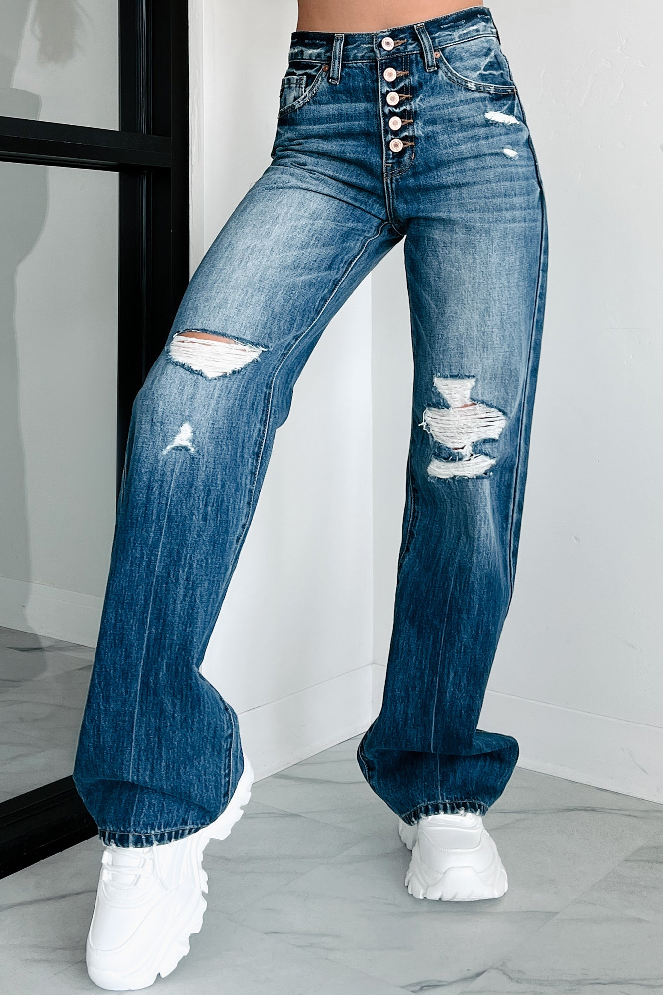 Renton High Rise Button Fly 90's Distressed Kancan Flare Jeans (Medium) - NanaMacs