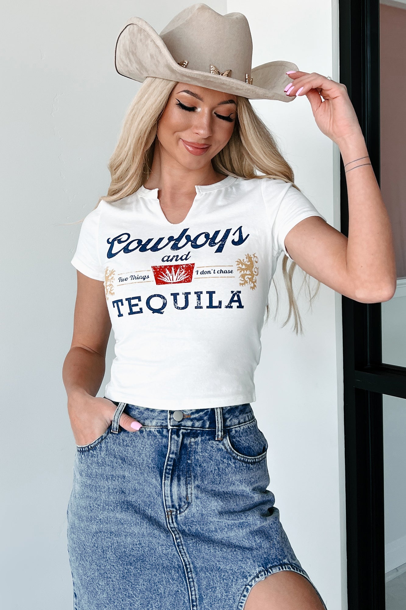 "Cowboys & Tequila" Notched Neck Graphic Crop Tee (Ivory) - NanaMacs