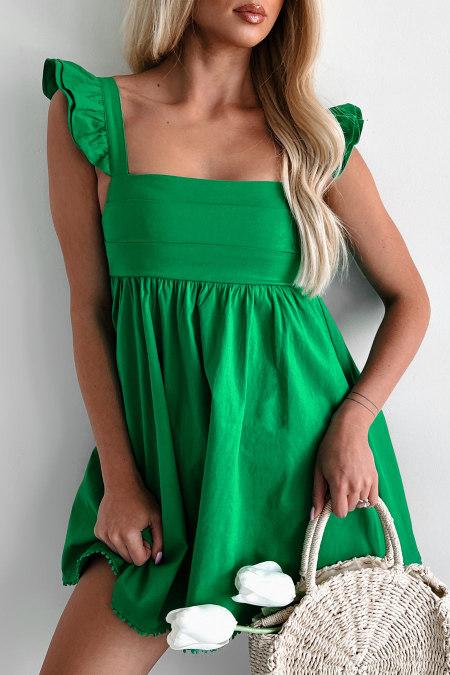 Radiant Reverie Ruffle Sleeve Mini Dress (Kelly Green)