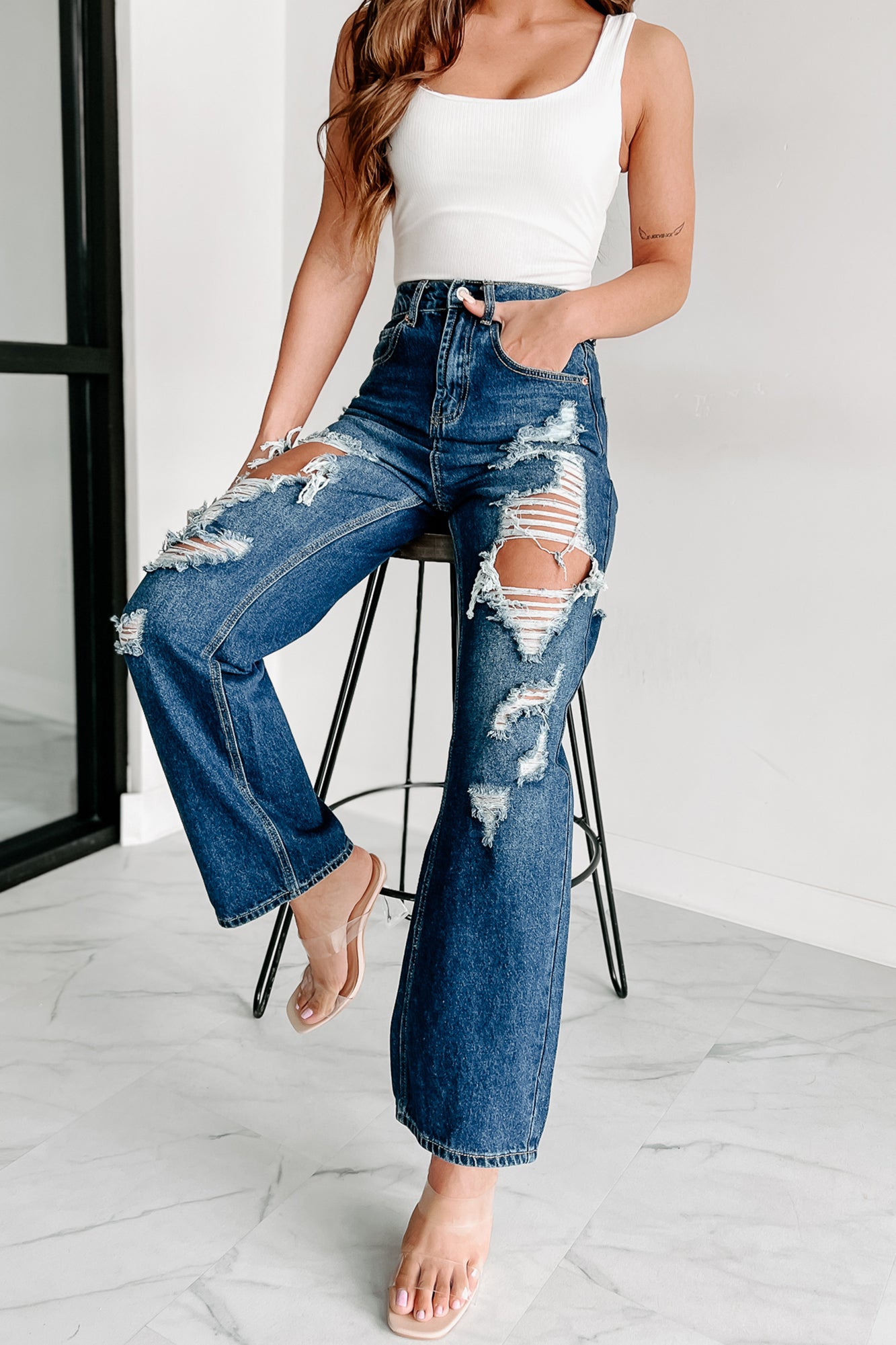For A Change High Rise Distressed Wide Leg Jeans (Dark)