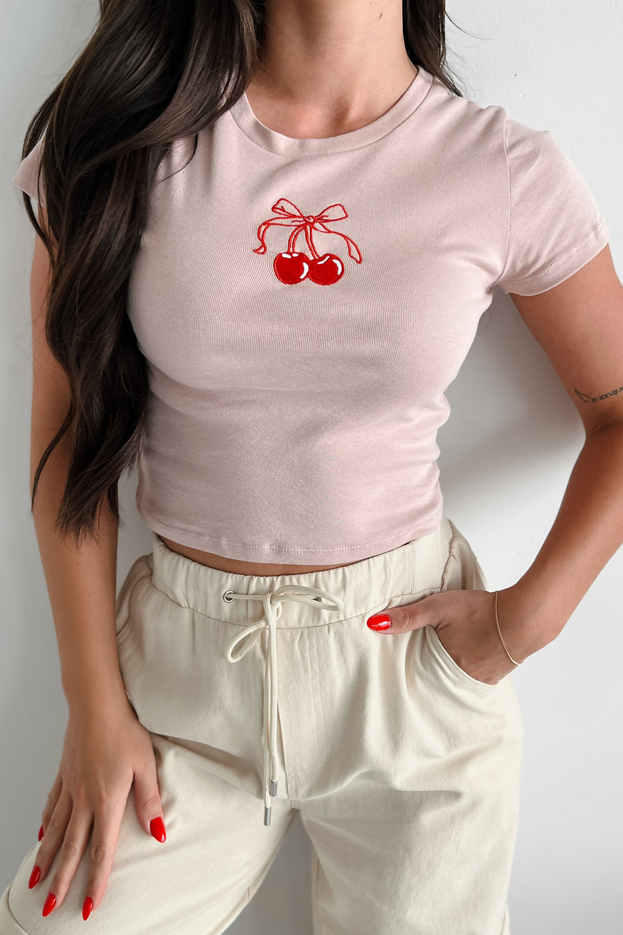 Cherry Choice Embroidered Baby Tee (Champagne)