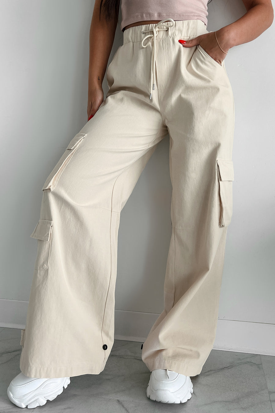 Time Catches Up Wide Leg Cargo Pants (Beige)