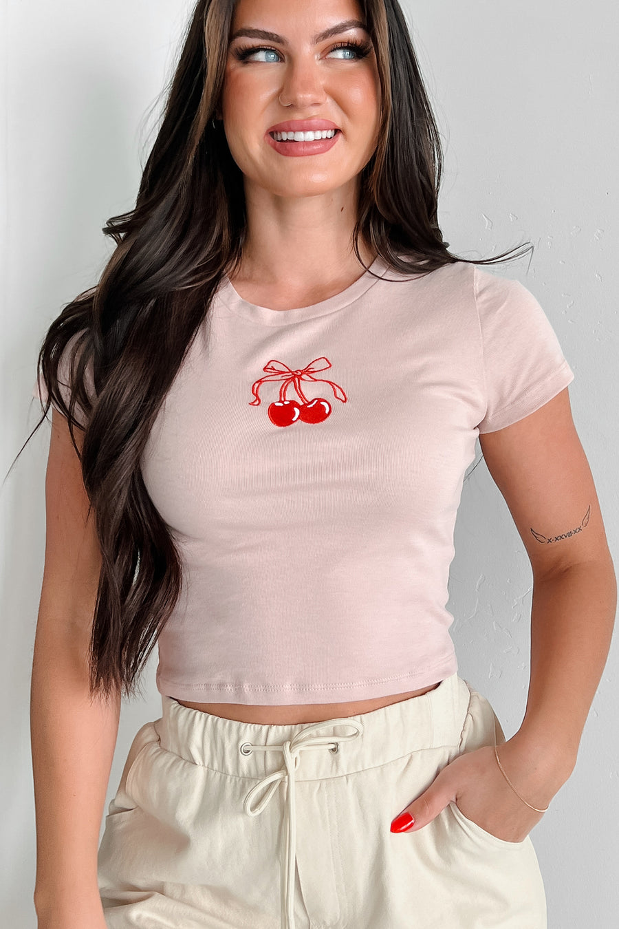 Cherry Choice Embroidered Baby Tee (Champagne)