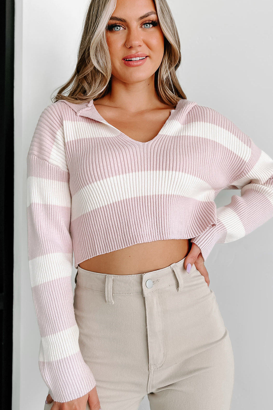 Easing Into Fall Hooded Striped Crop Sweater (Cream/Pink) - NanaMacs