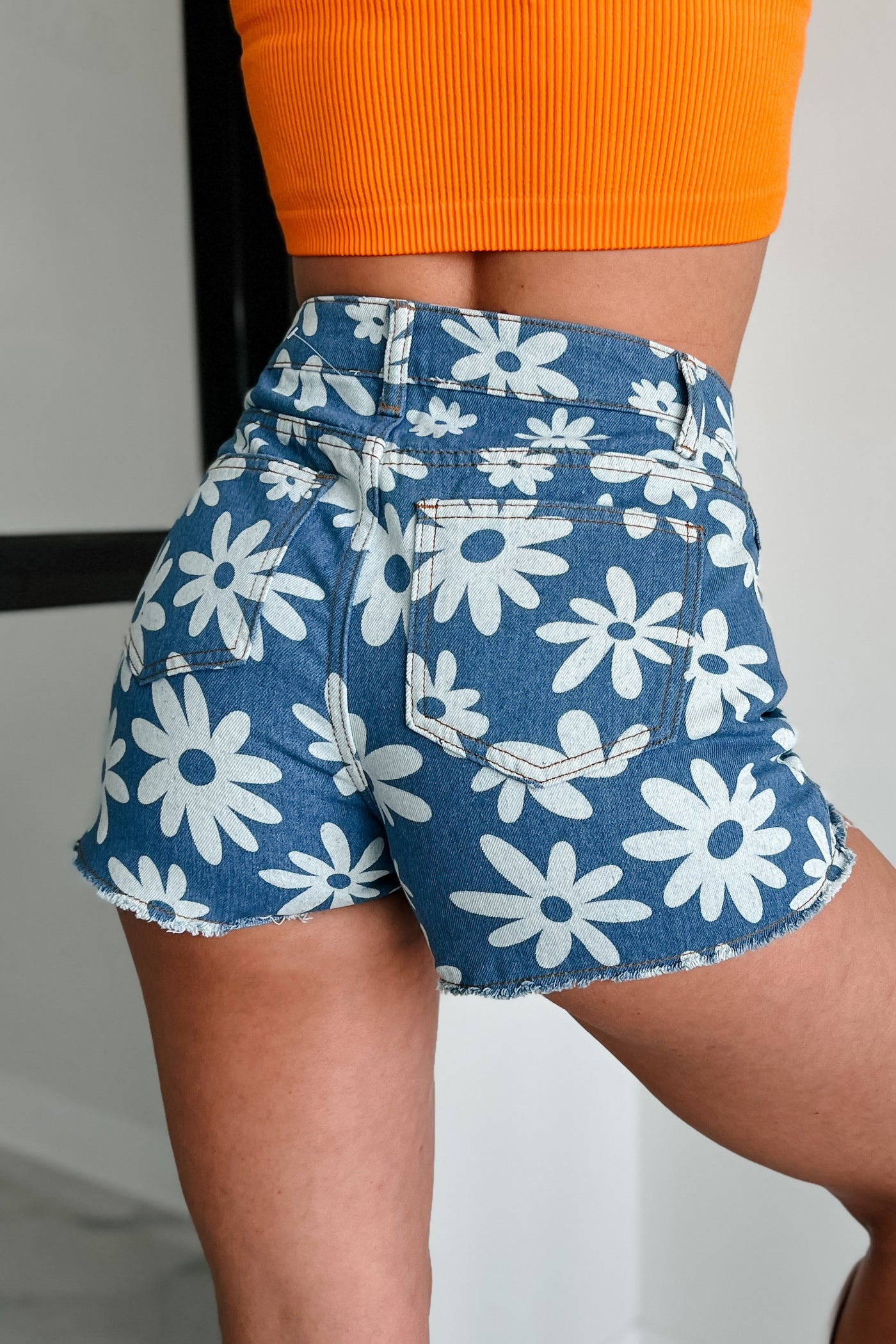 Flowery Feelings Daisy Print Denim Shorts (Blue) - NanaMacs