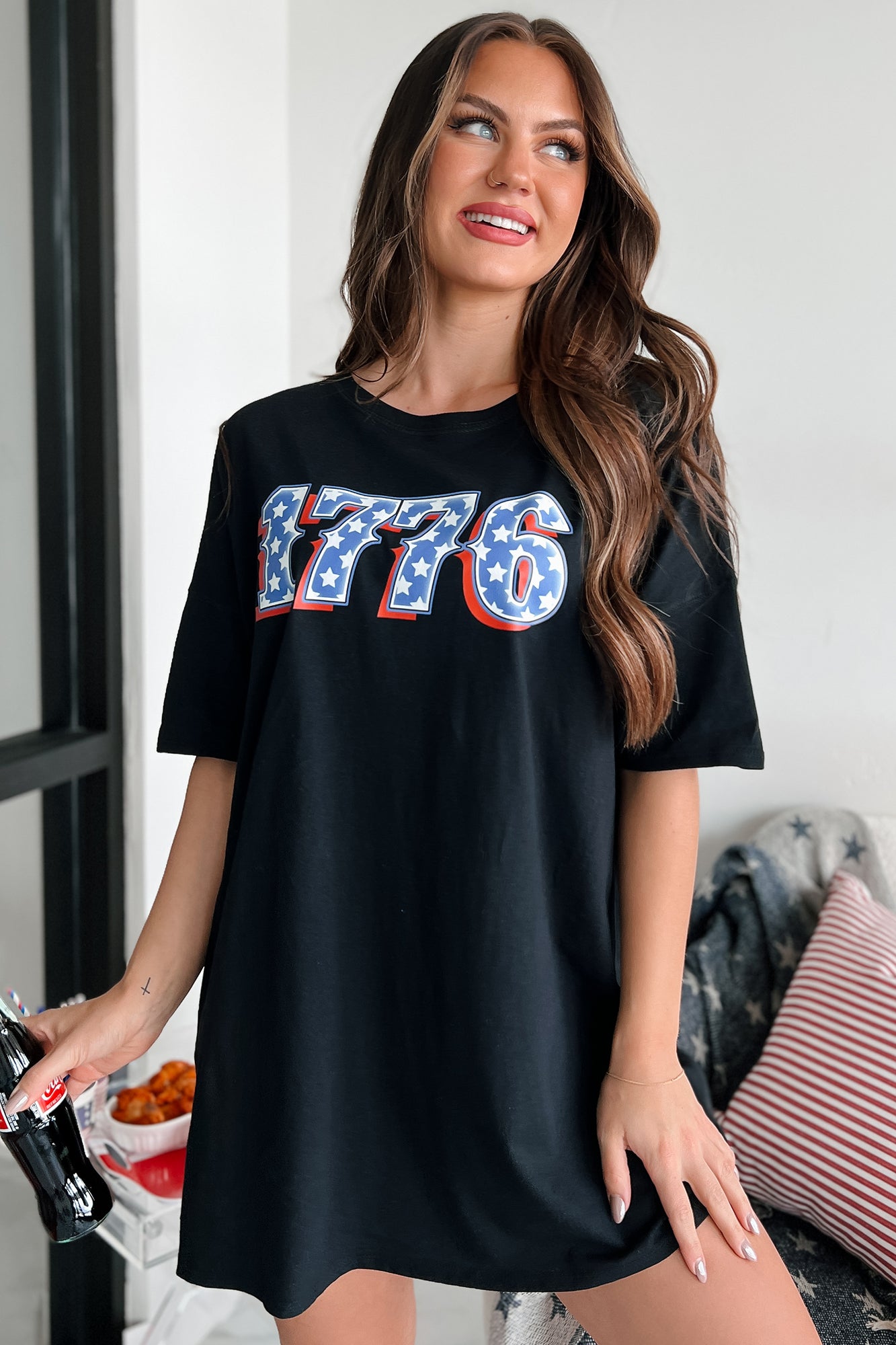 "1776 Land Of The Free" Oversized Graphic T-Shirt Dress (Black) - Print On Demand - NanaMacs