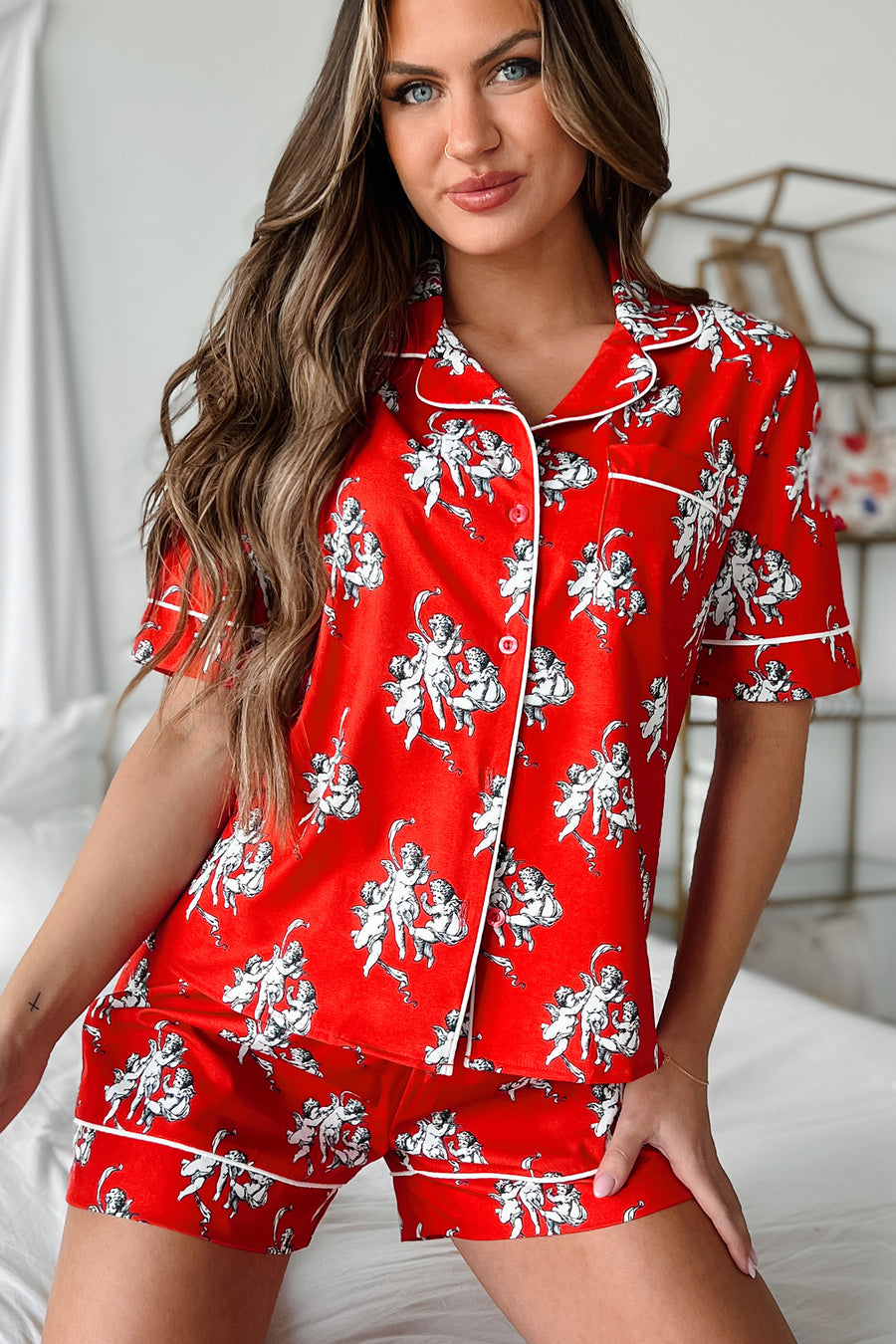 Dreams Of Love Silky Printed Pajama Set (Red) - NanaMacs
