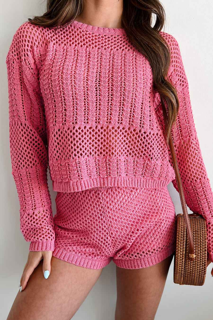 Feel The Breeze Crochet Knit Two-Piece Set (Pink) - NanaMacs