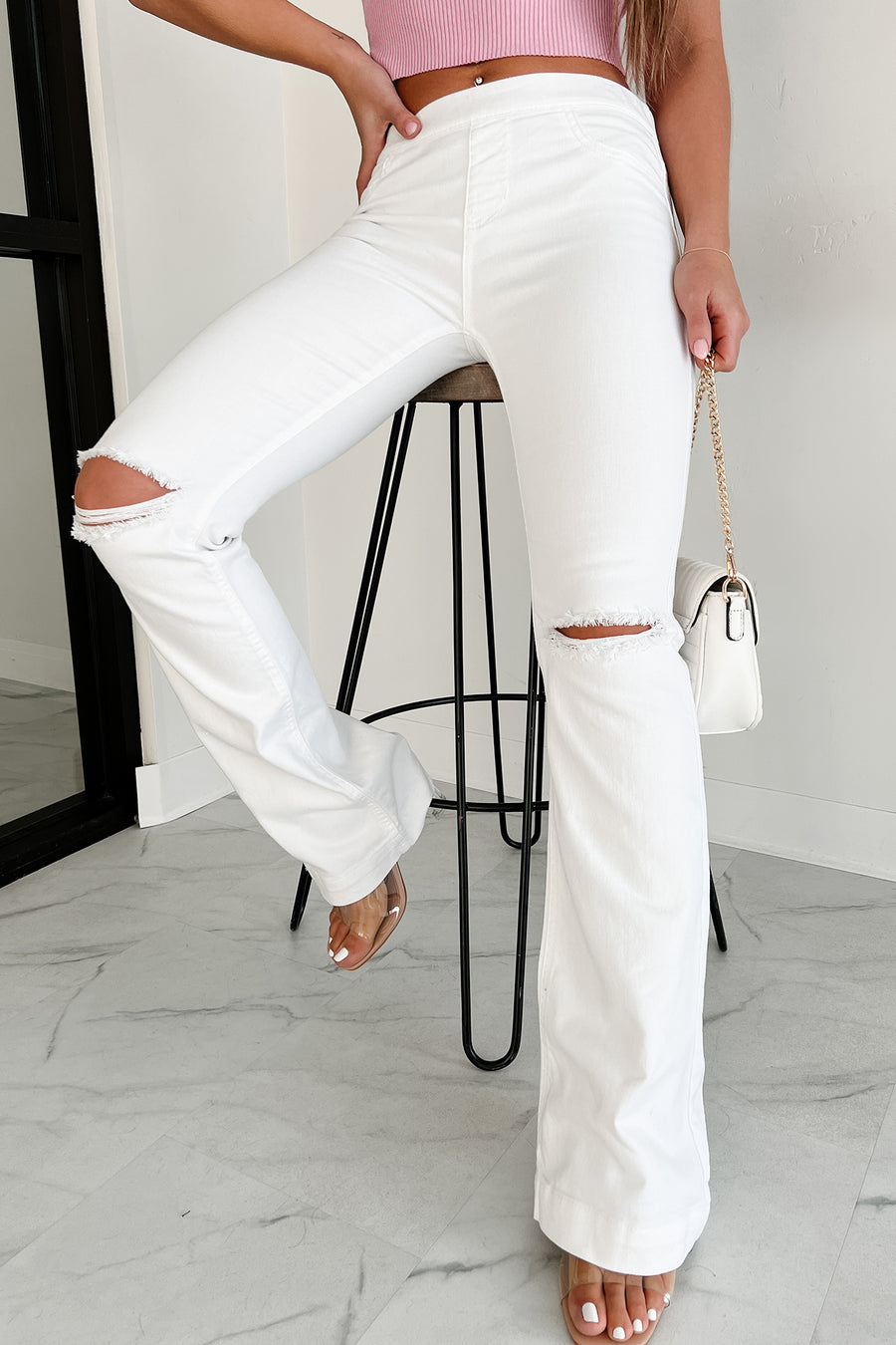 County Line Mid-Rise Distressed Flare Jeans (White) - NanaMacs