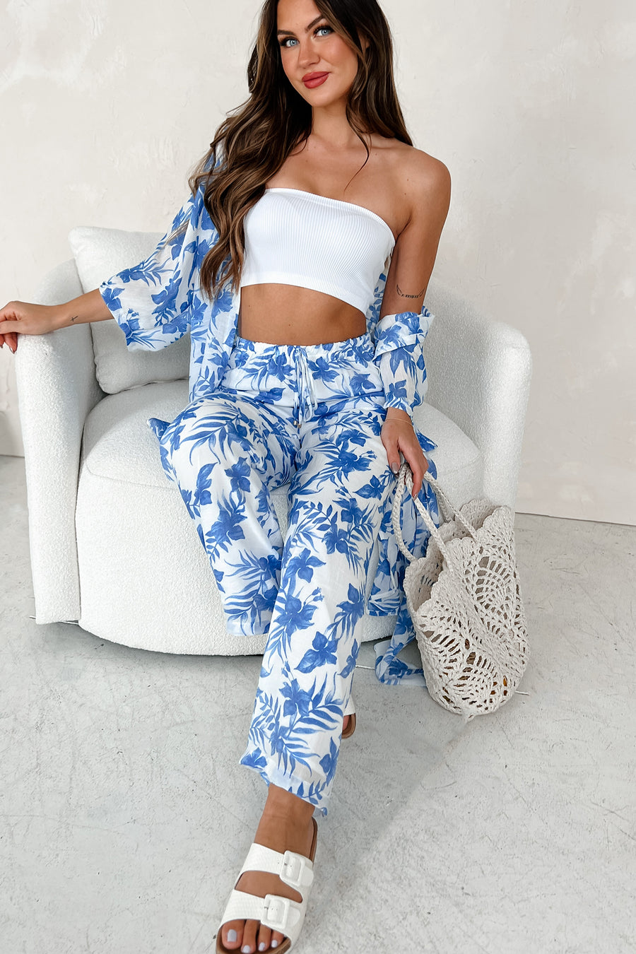 Happy In Hawaii Floral Kimono & Pant Set (Blue)