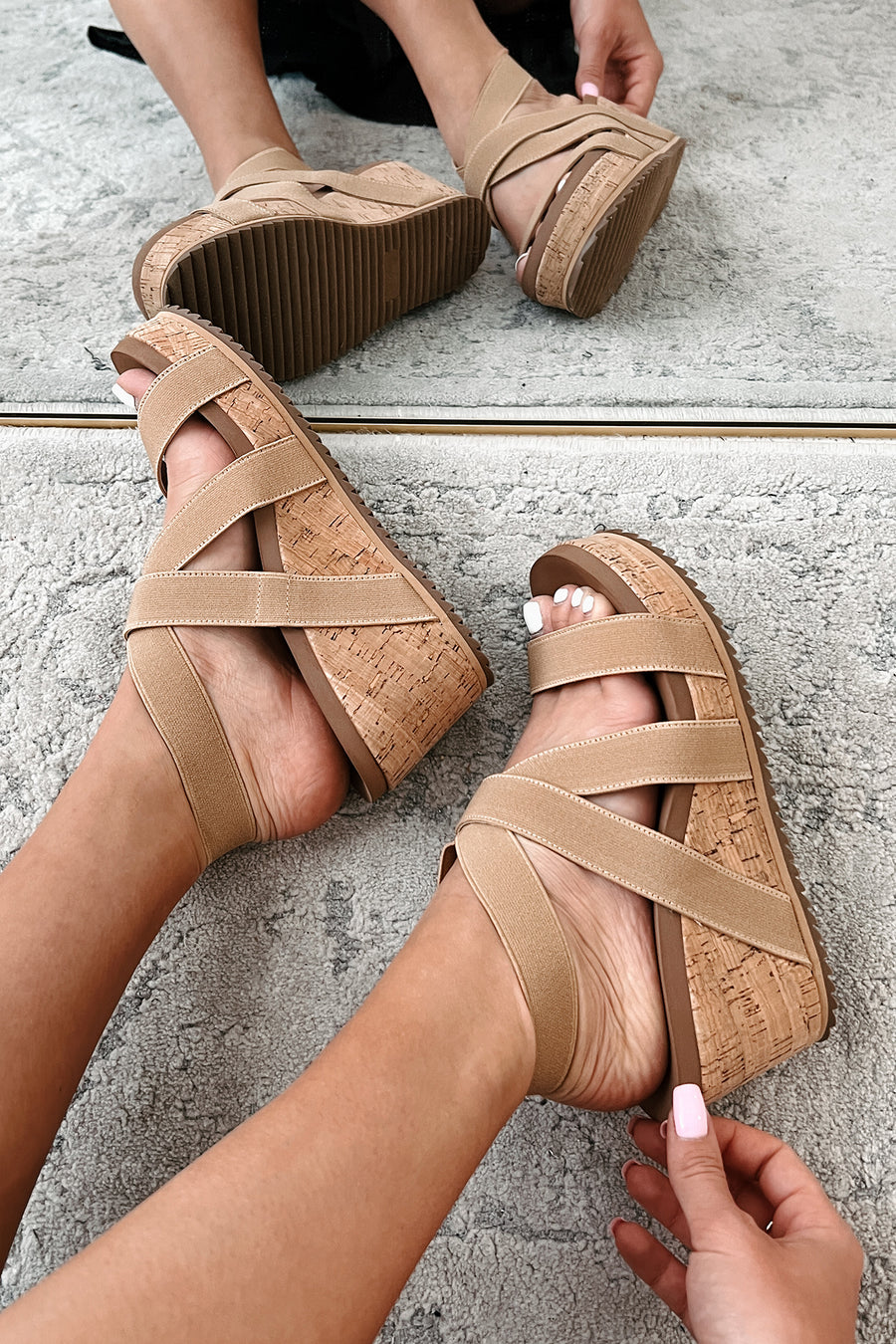 Quirky But Cute Cork Wedge Sandals (Camel)