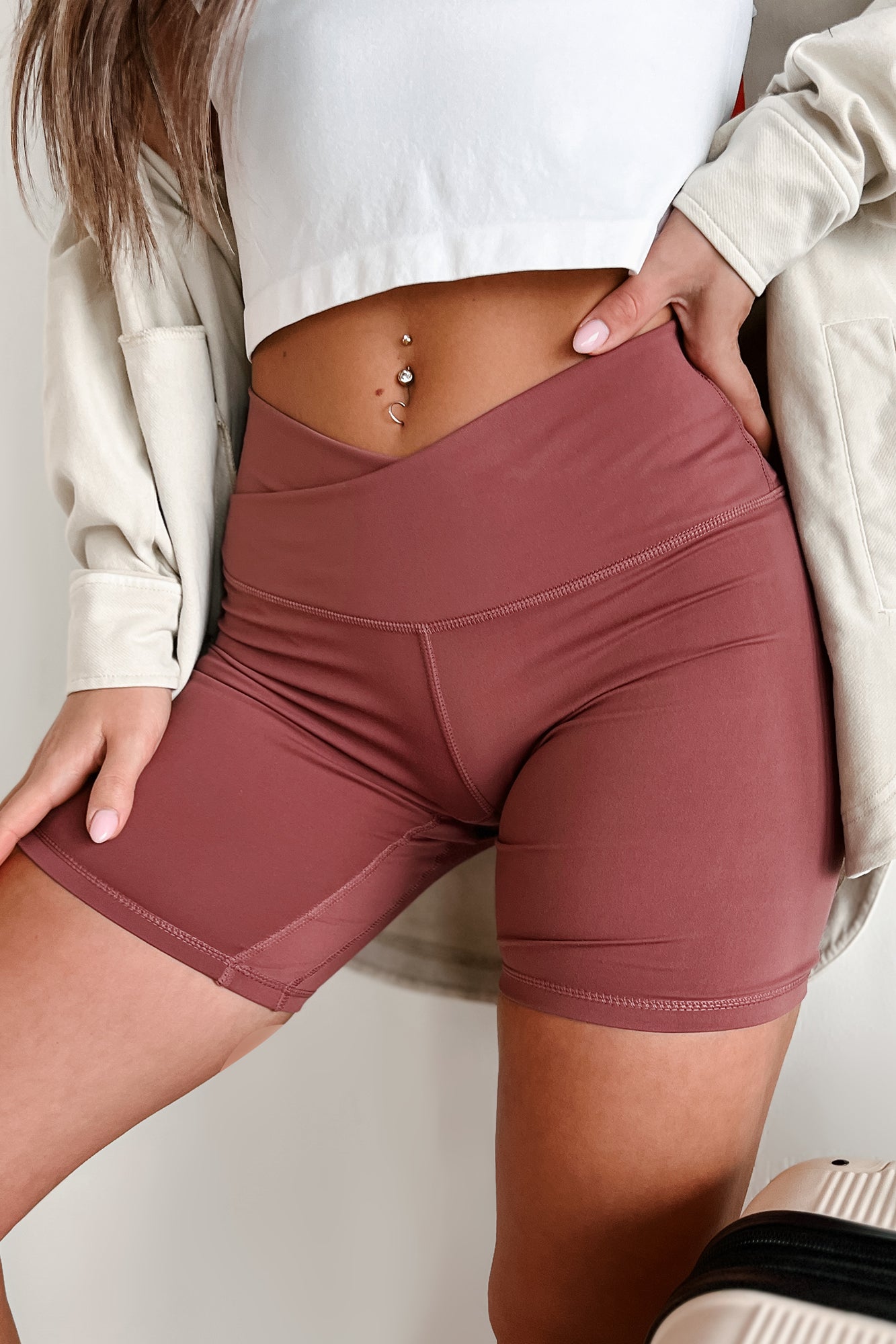 Stronger Than Your Excuse Cross-Waist Biker Shorts (Dusty Cedar