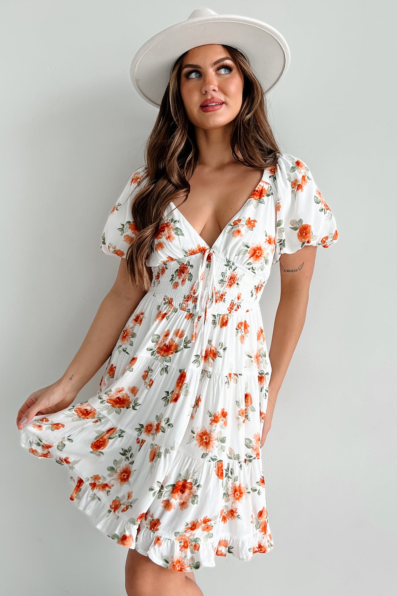 Finding Beauty Floral Mini Dress (White/Orange) - NanaMacs