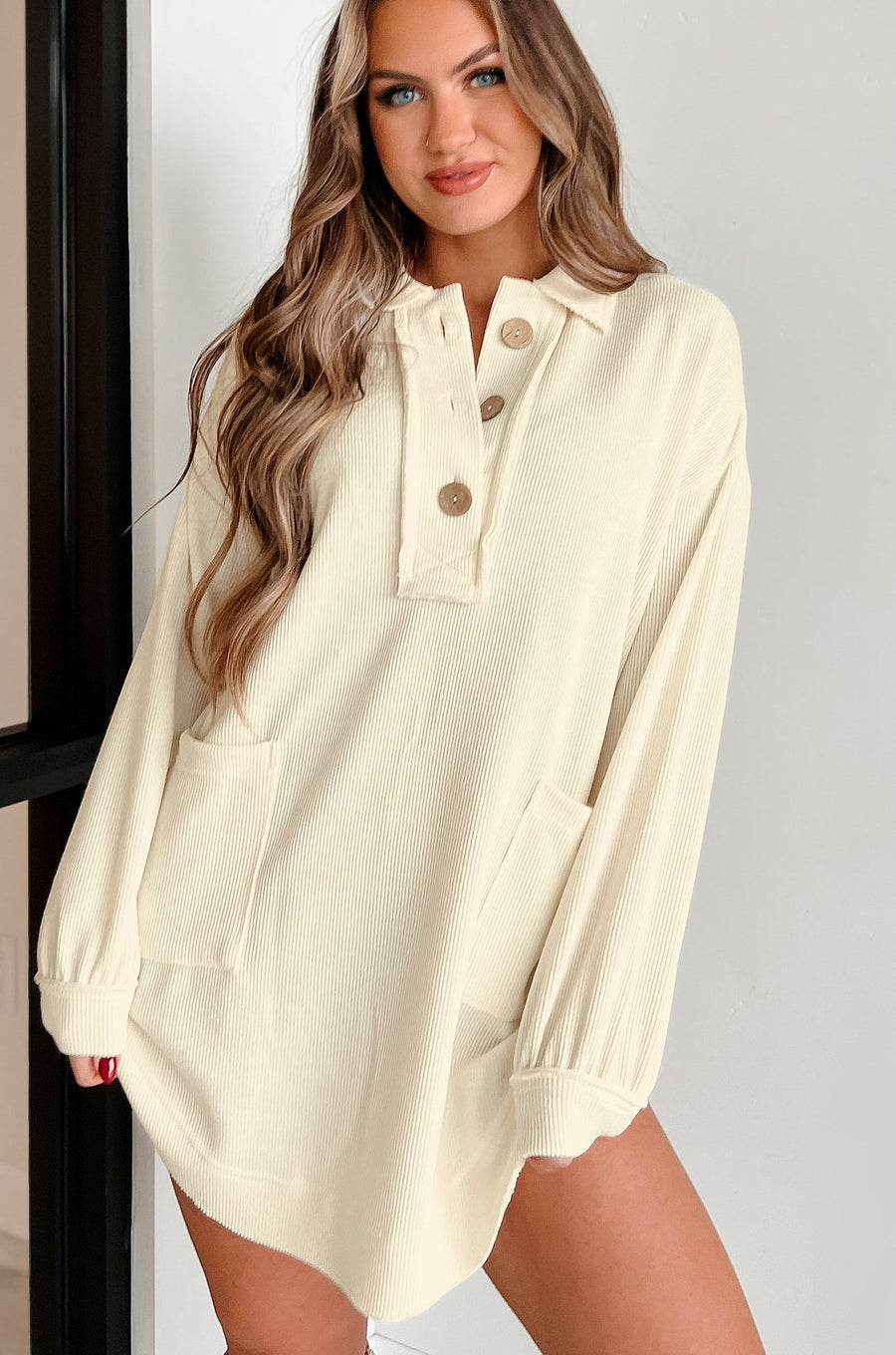 Lizzie Button Detailed Collared Tunic/Dress (Ivory) - NanaMacs