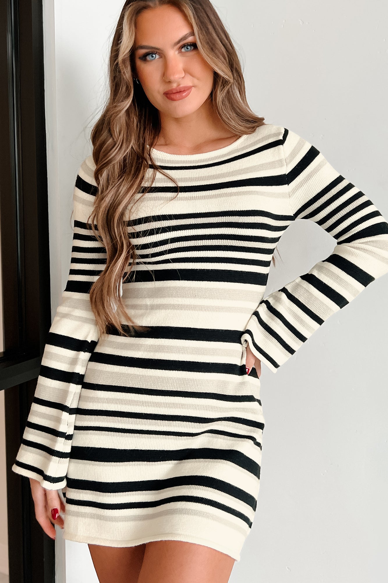 Looking Back Now Striped Sweater Dress (White/Black Stripe) - NanaMacs