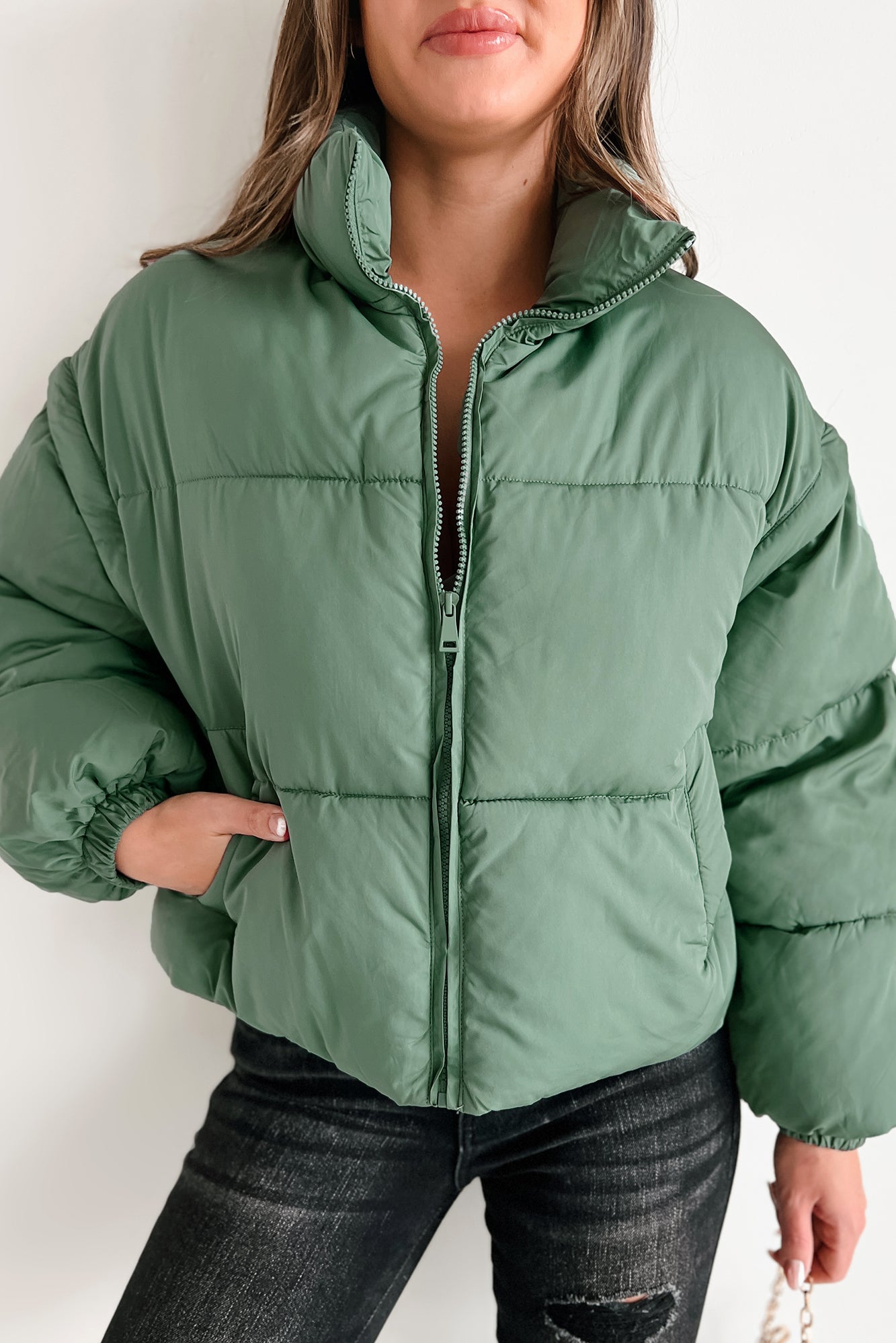 Changing Climate Detachable Sleeve Puffer Jacket (Green) - NanaMacs