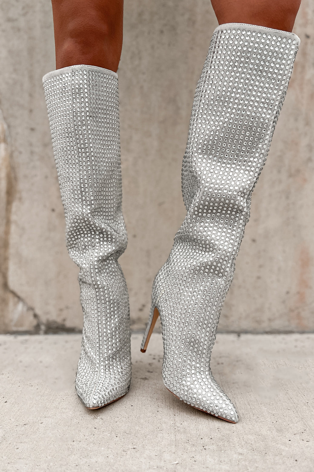 Overnight Fame Heeled Rhinestone Boots (Silver) - NanaMacs