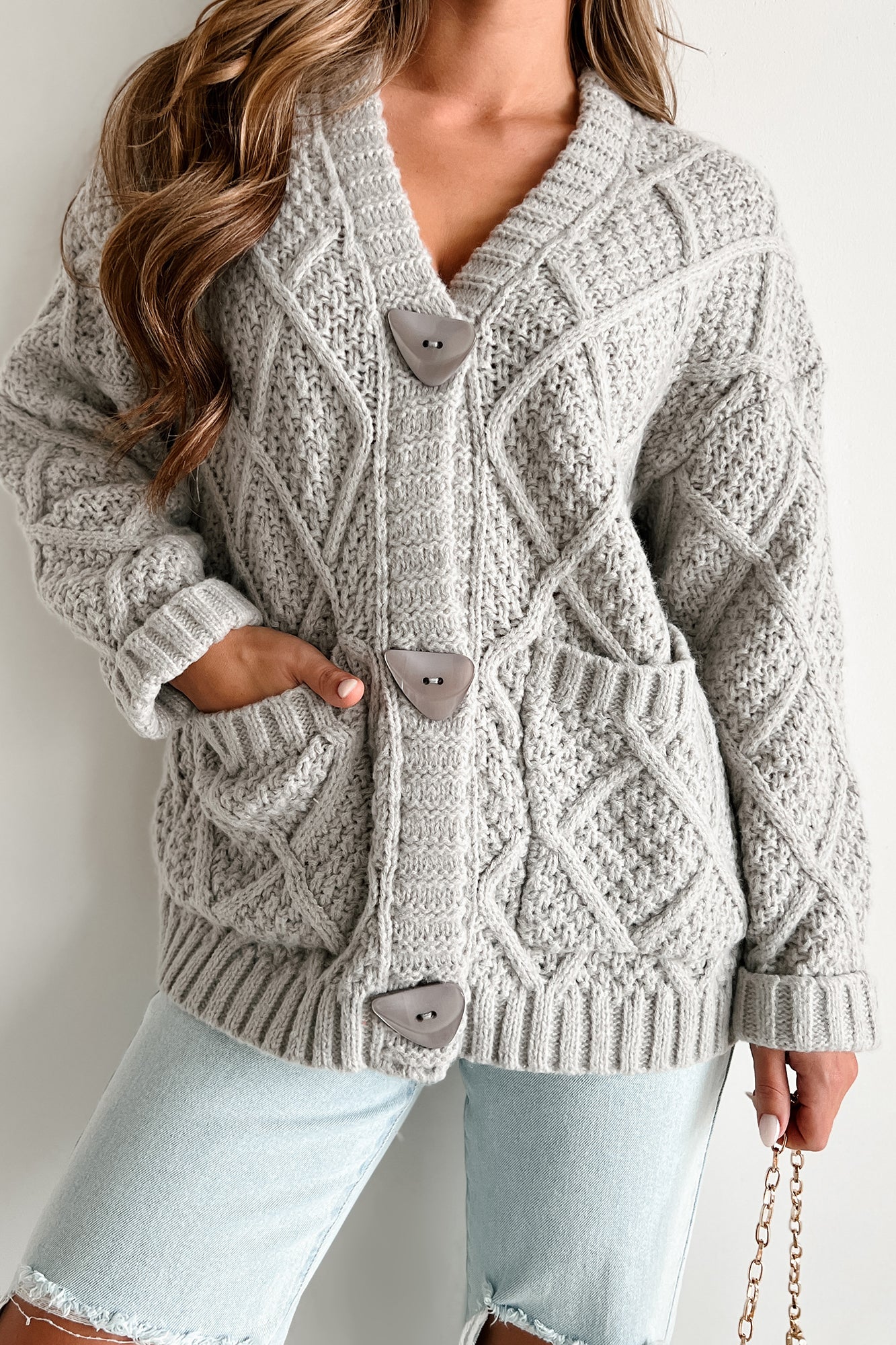 Seasonal Snuggles Chunky Knit Triangle Button Cardigan (Grey) - NanaMacs