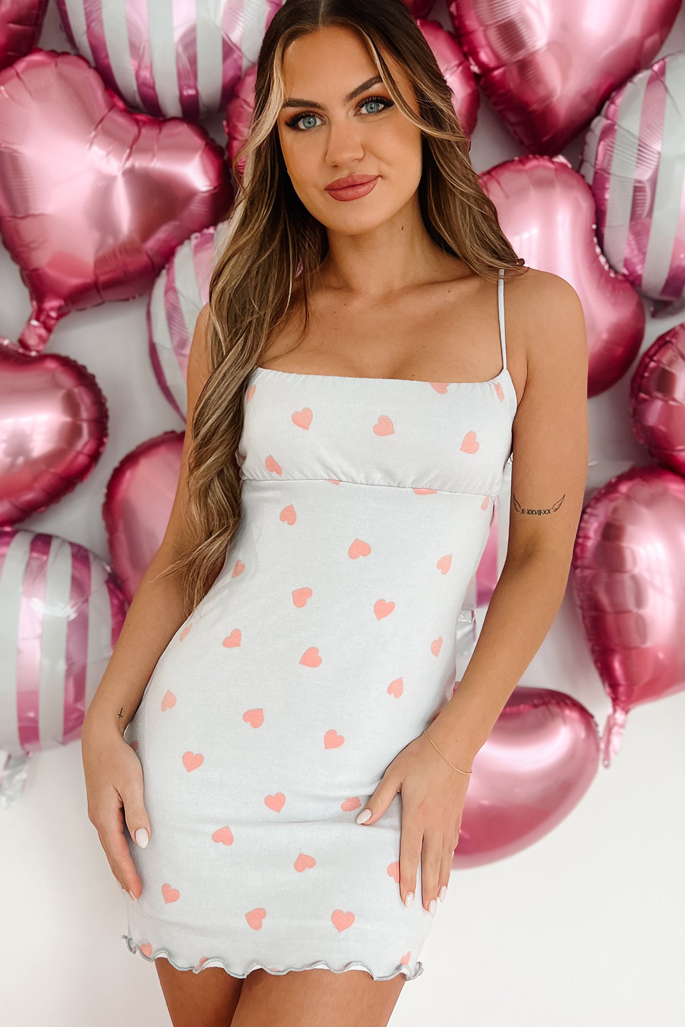 Valentine Wishes Heart Print Mini Dress (Grey/Pink Heart) - NanaMacs