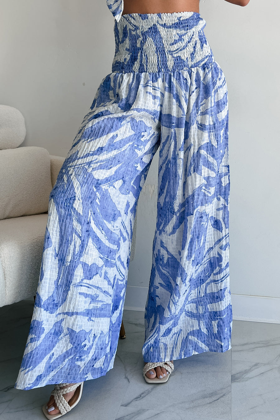 Iconic Option Printed Smocked Wide Leg Pants (Blue)