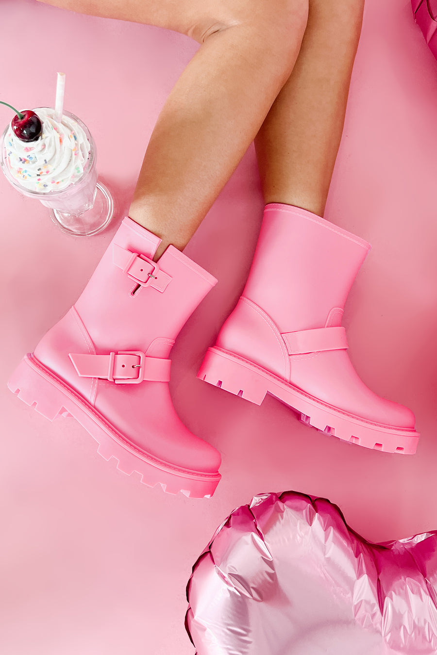 Dancing In The Rain Buckle Strap Rain Boots (Pink) - NanaMacs