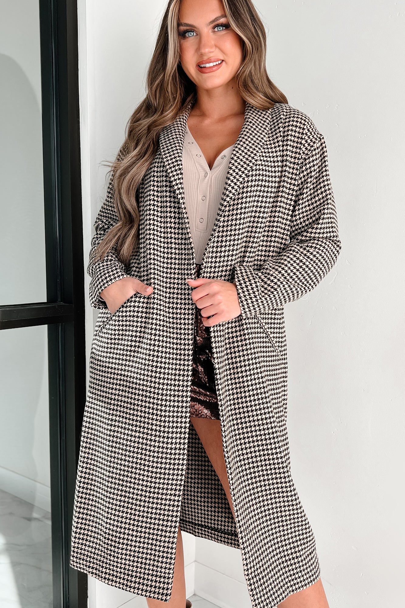 Used To Winning Open Front Houndstooth Long Coat (Beige) - NanaMacs