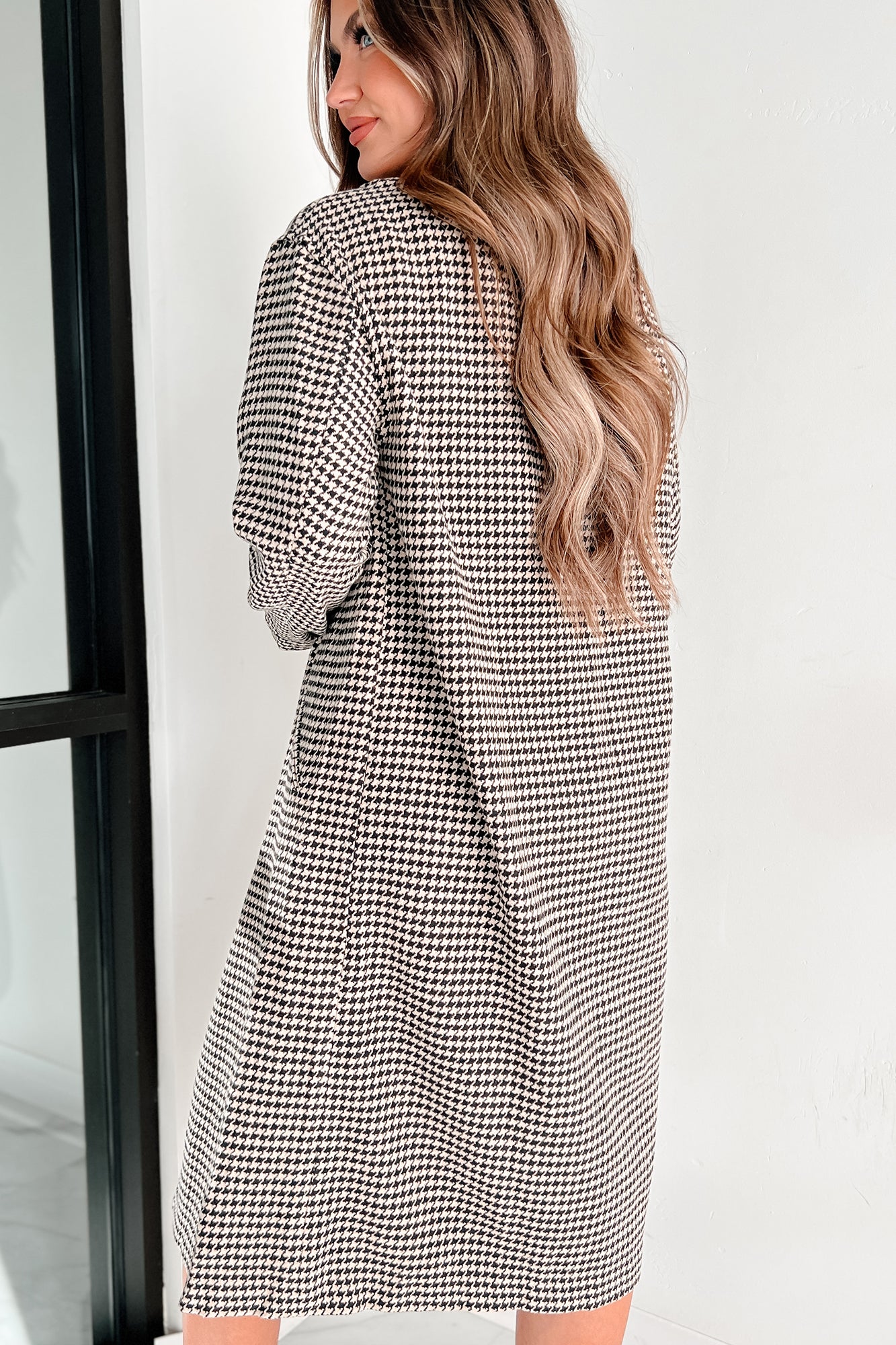 Used To Winning Open Front Houndstooth Long Coat (Beige) - NanaMacs