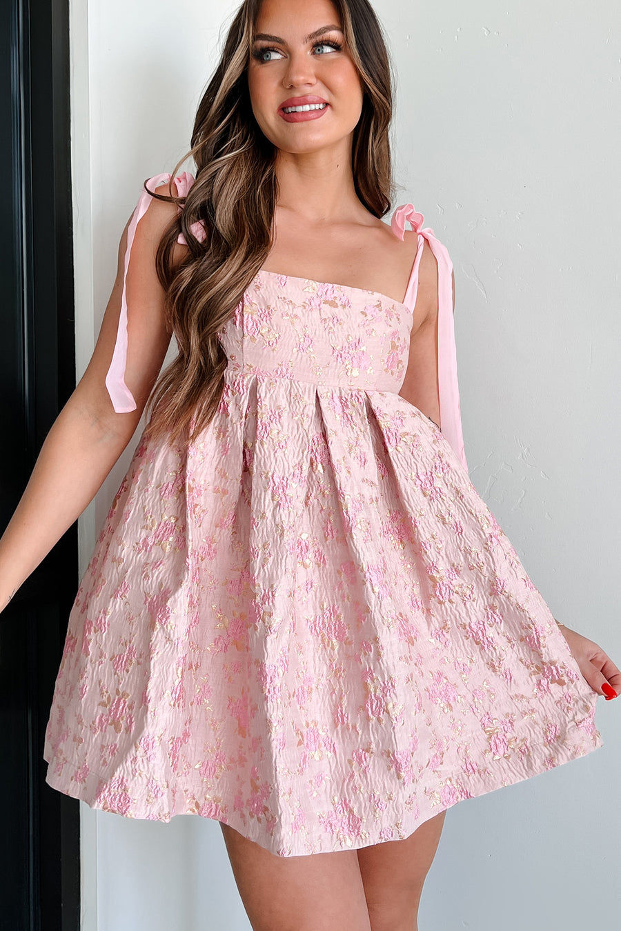 Lost In A Fairytale Tie-Strap Floral Babydoll Dress (Pink/Gold) - NanaMacs