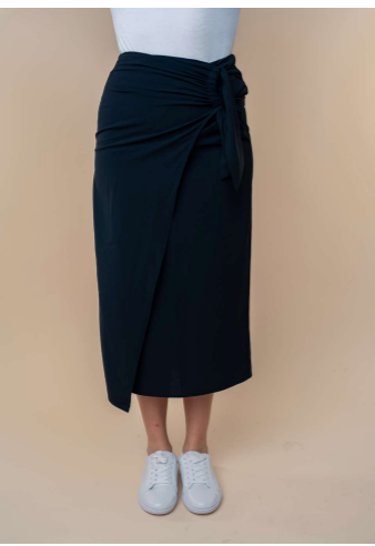PREORDER Evalin Asymmetric Wrap Tie Midi Skirt (Black) - NanaMacs