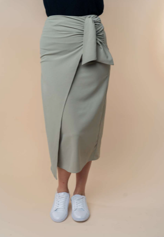 PREORDER Evalin Asymmetric Wrap Tie Midi Skirt (Sage) - NanaMacs