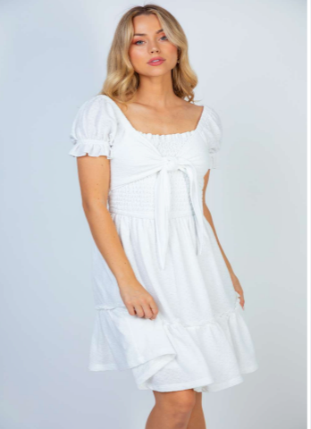PREORDER Louisa Tie-Smocked Mini Dress (Off White) - NanaMacs