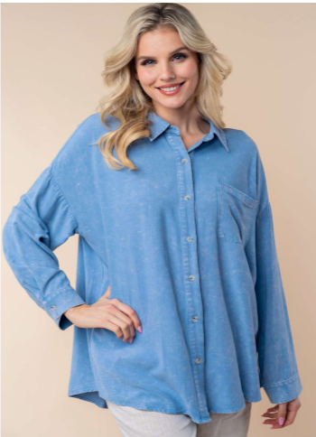 PREORDER Madina Vintage Wash Button-Down Shirt (Blue) - NanaMacs