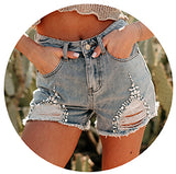 Model wearing distressed rhinestone denim shorts. Links to the bottoms collection. 