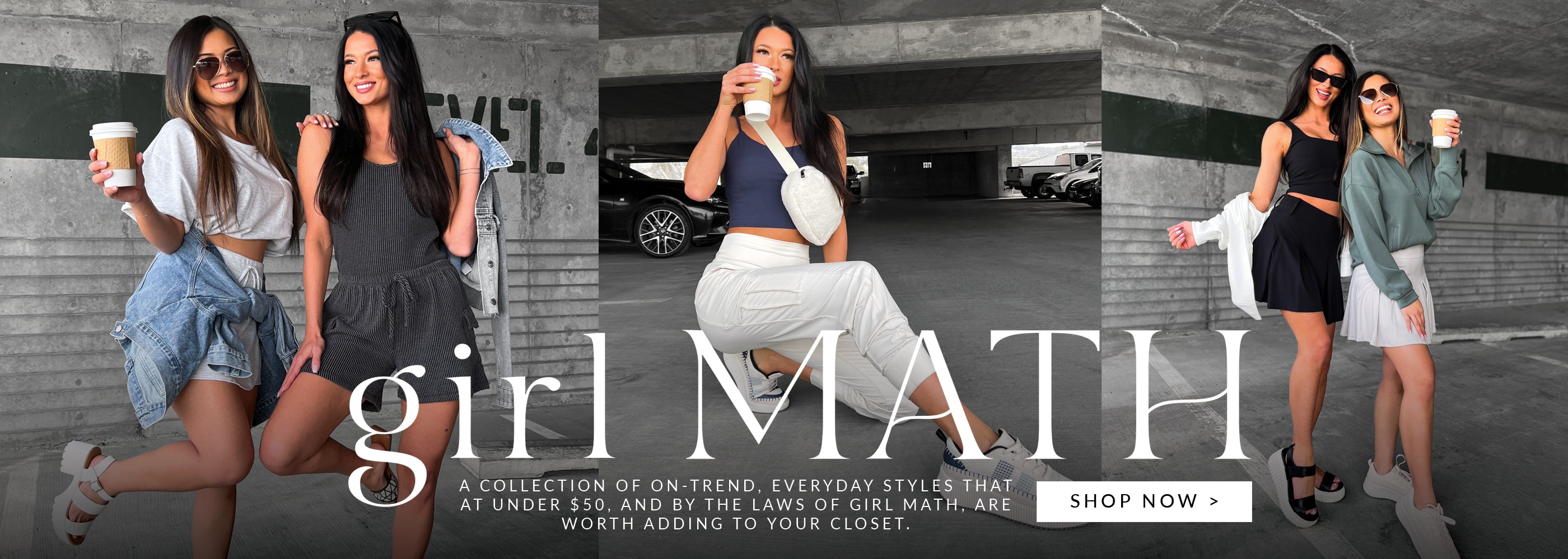 Collage of photos of models wearing on-trend athleisure outfits. Headline says Girl Math. Shop Now button links to the girl math collection.
