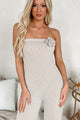 Lucille Ribbed Strapless Jumpsuit With Flower (Light Taupe) - NanaMacs