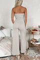 Lucille Ribbed Strapless Jumpsuit With Flower (Light Taupe) - NanaMacs