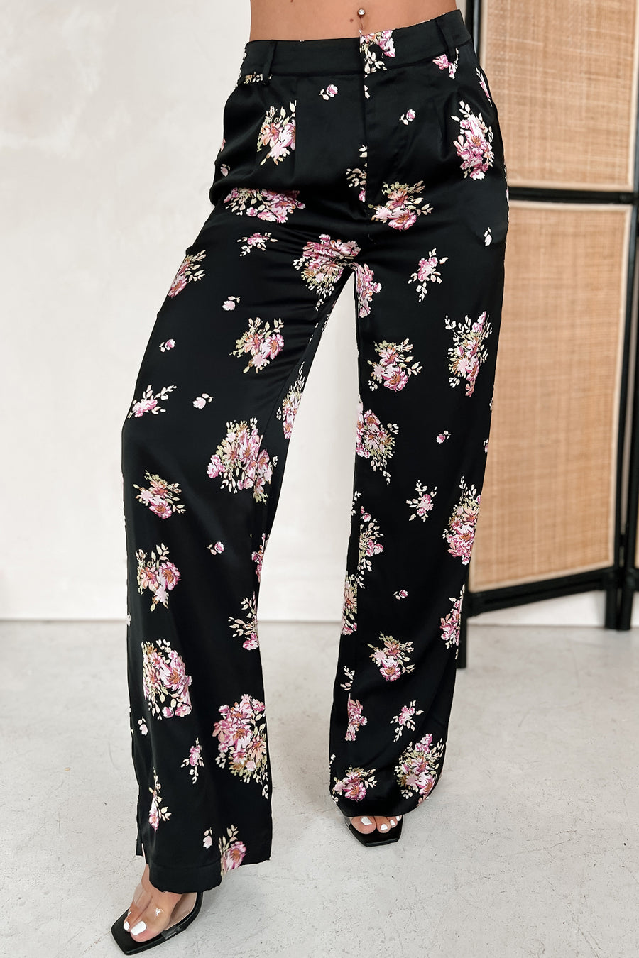 Positively Charming High Waisted Satin Floral Pants (Black) - NanaMacs