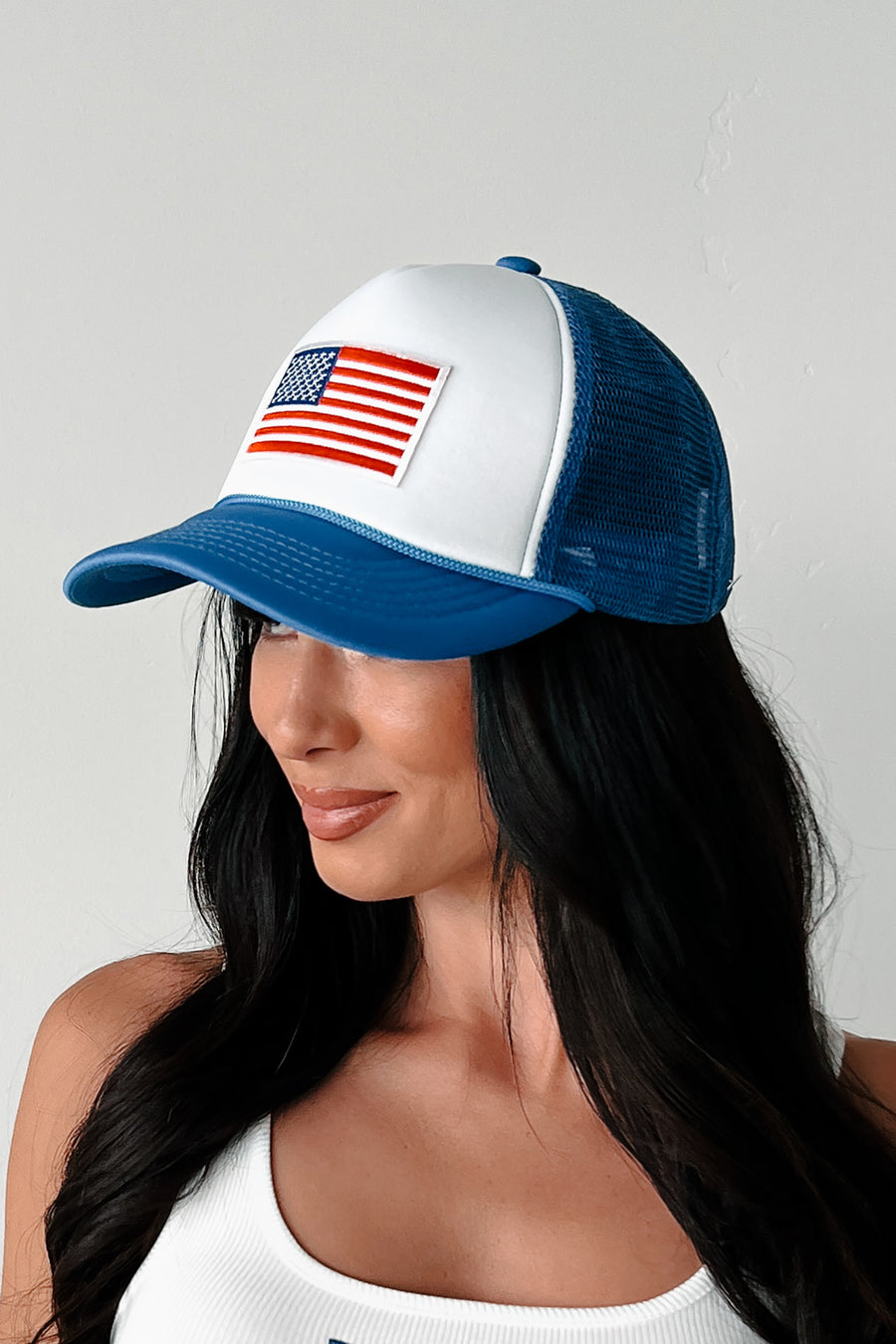 Feels Like Freedom American Flag Trucker Hat (Blue)