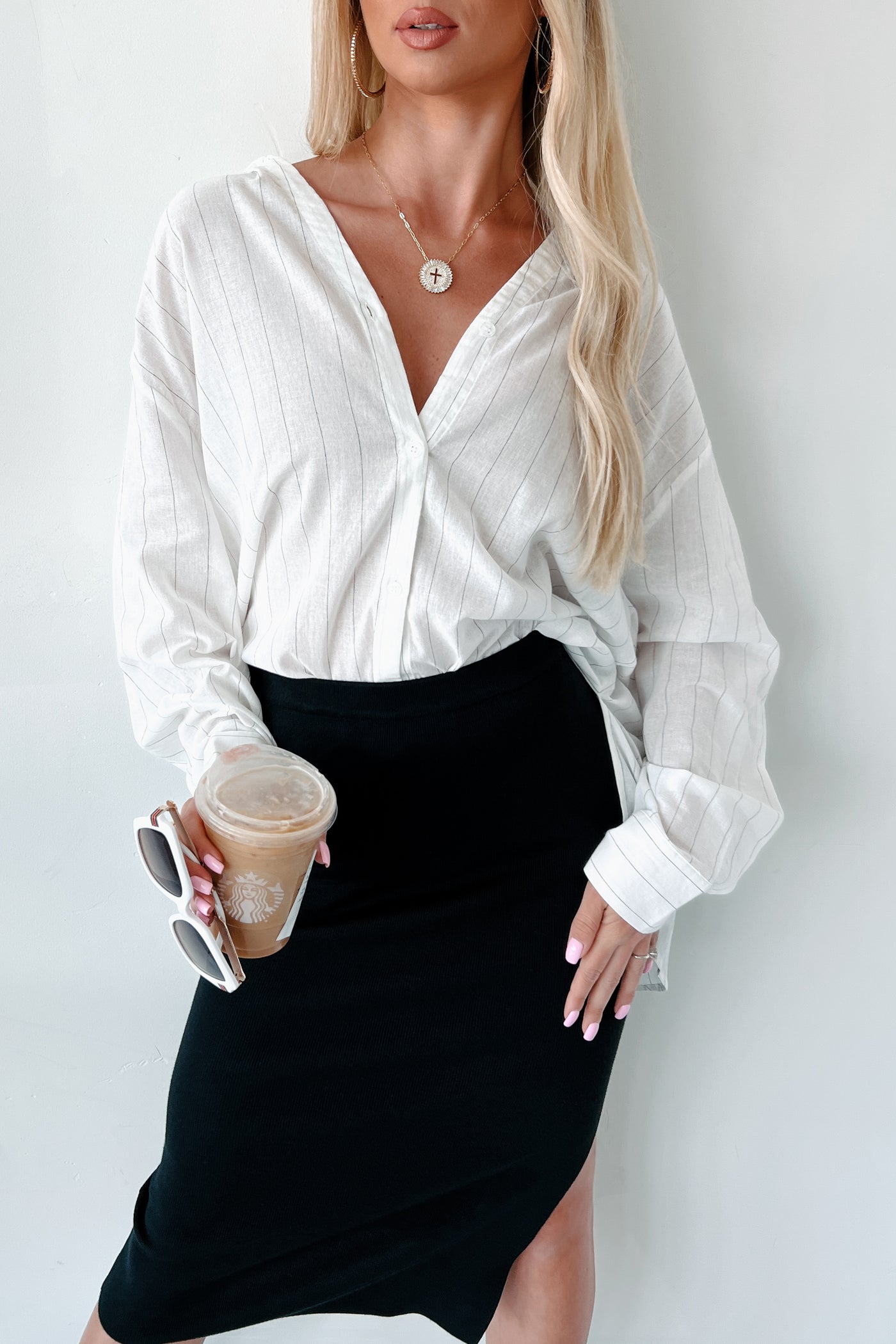 Upscale Style Oversized Button-Down Shirt (White/Black)