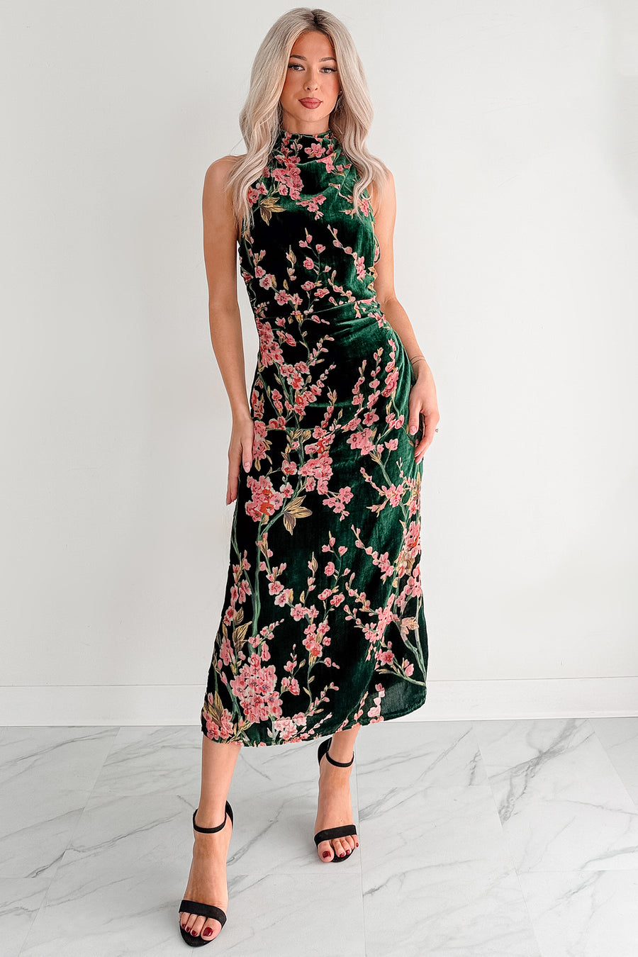 Women's Without You Velvet Cherry Blossom Midi Dress in Green Floral