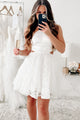 Contemporary Cutie Floral Textured Halter Mini Dress (White) - NanaMacs