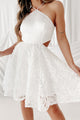 Contemporary Cutie Floral Textured Halter Mini Dress (White) - NanaMacs