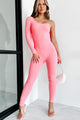 Causing Scandals One Shoulder Ribbed Catsuit (Pink Carnation) - NanaMacs