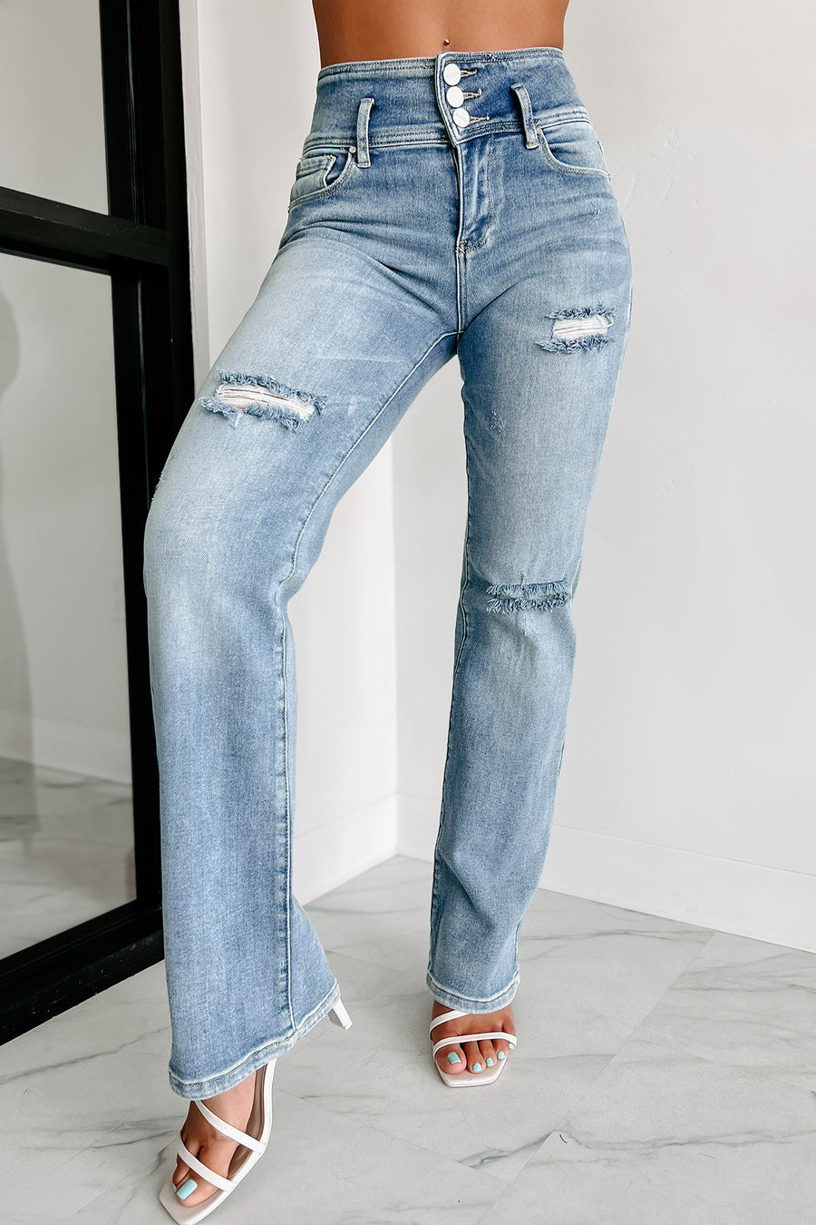 Forever Evolving High Rise Triple-Button Straight Leg Risen Jeans (Light) - NanaMacs