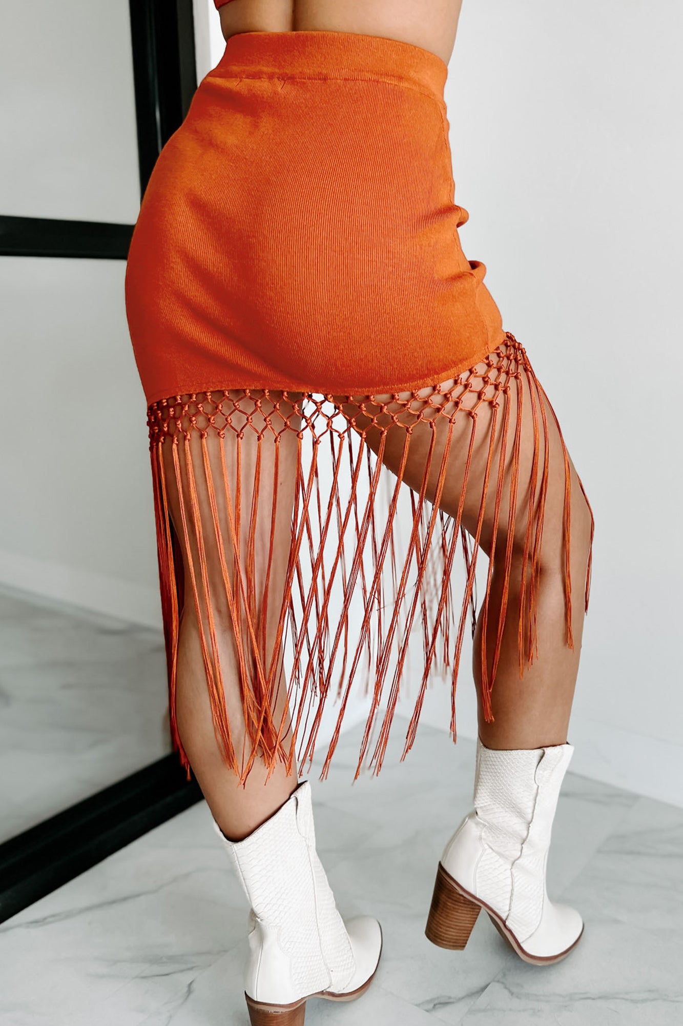 Desert Gathering Fringe Knit Mini Skirt (Dark Orange) - NanaMacs