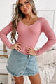 Cindy Long Sleeve Ribbed Sweater Bodysuit (Pink) - NanaMacs