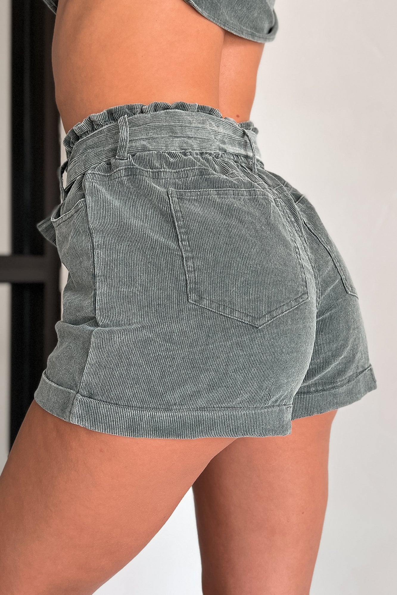 Rosanne Washed Corduroy Crop Shacket & Shorts Set (Blue-Grey) - NanaMacs