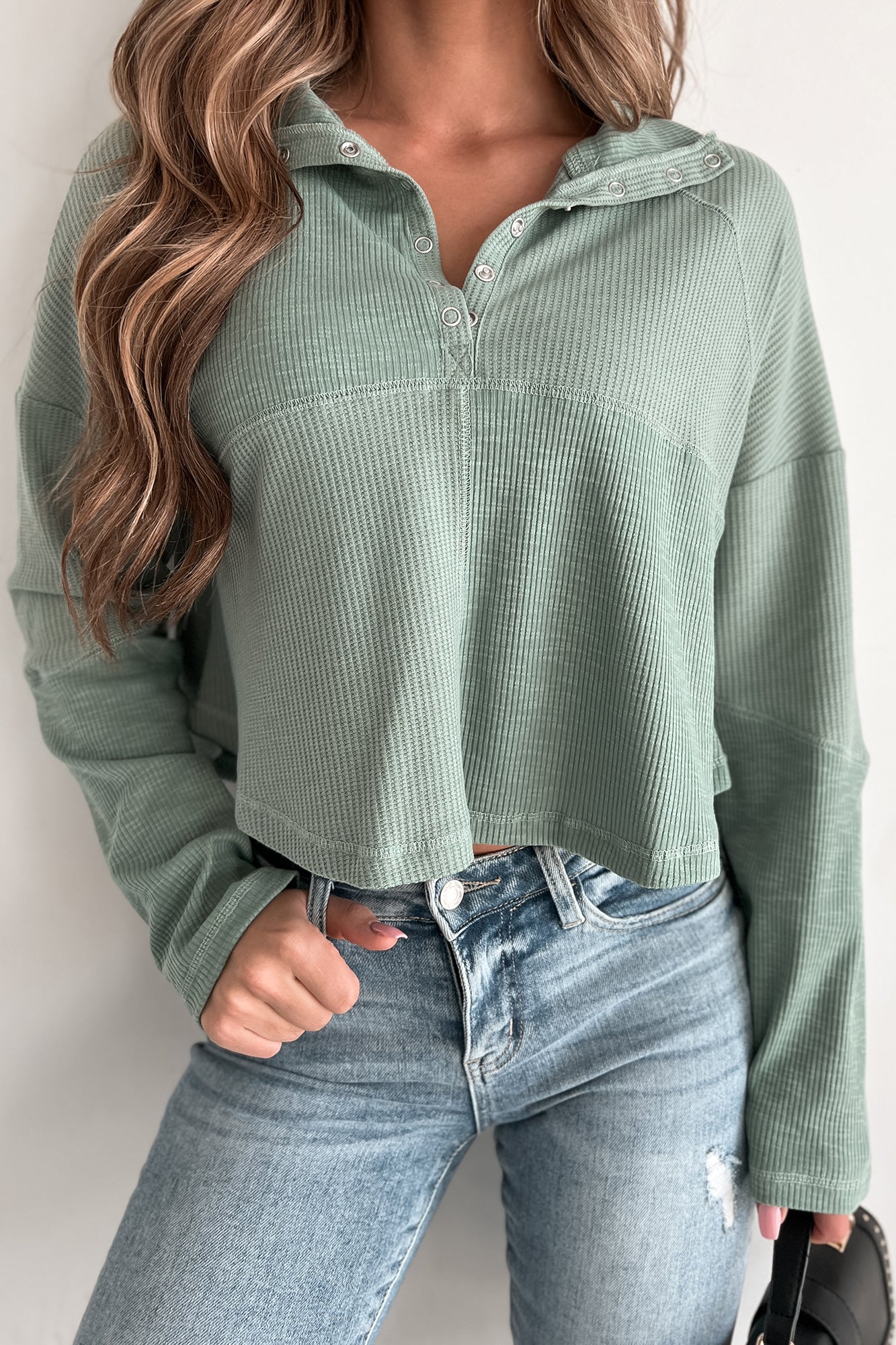 Know Your Mind Mixed Knit Henley Crop Top (Sage) - NanaMacs