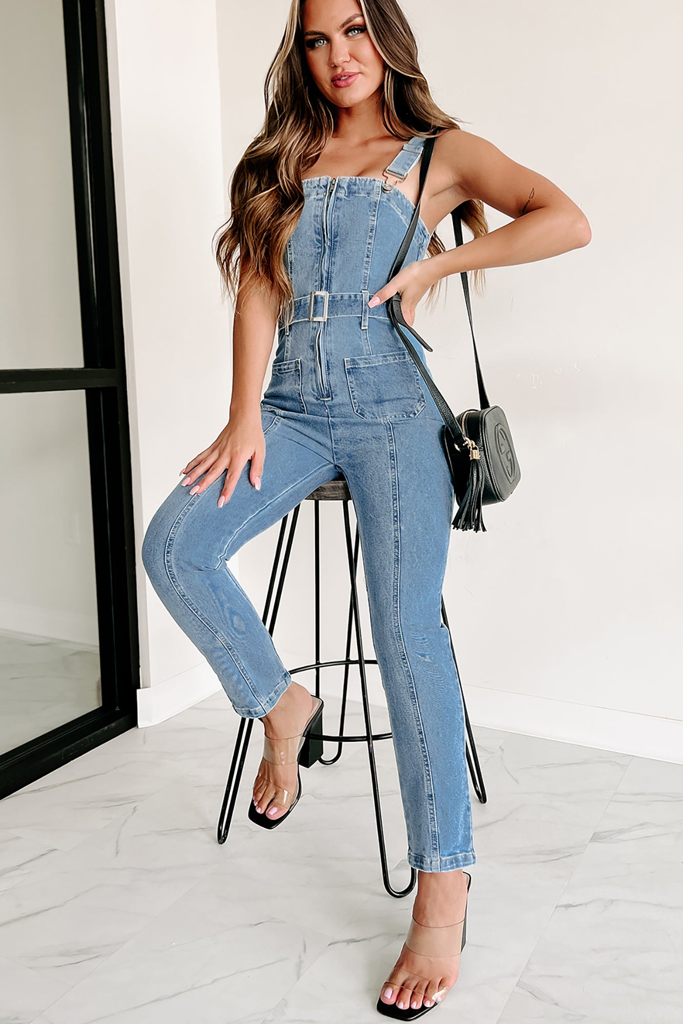 Hometown Hero Zip-Front Belted Denim Overalls (Light Denim) · NanaMacs